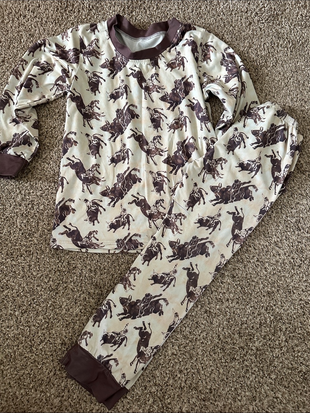 Kids Brown Bull Rider Rodeo Print Pajama Set